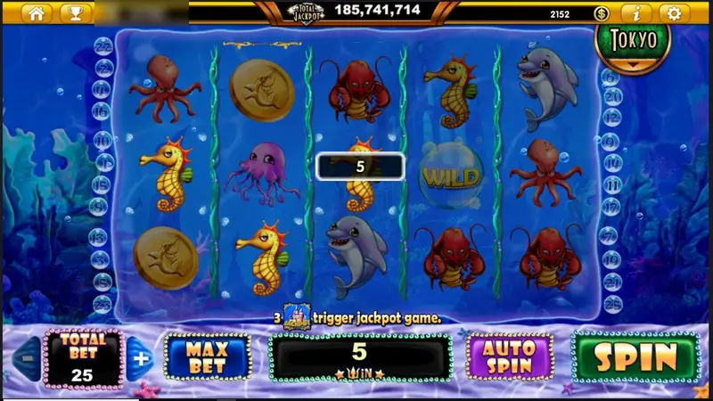 Seahorses, octopuses and a WILD bubble on the reels with a 5 win, total bet 25
