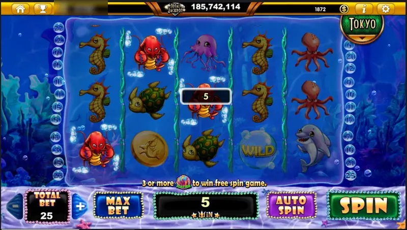 Lobsters and seahorses with a bubble WILD on reel five and a win of 5