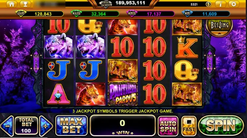 Panthera Pardus reels in a purple forest with white-furred cat symbols, a leopard, the Panthera Pardus logo and red 10s, total bet 100
