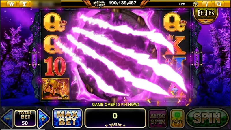 Three glowing purple claw slashes ripping across the reels, a gold leopard on reel one and 50 LINES on the side tabs