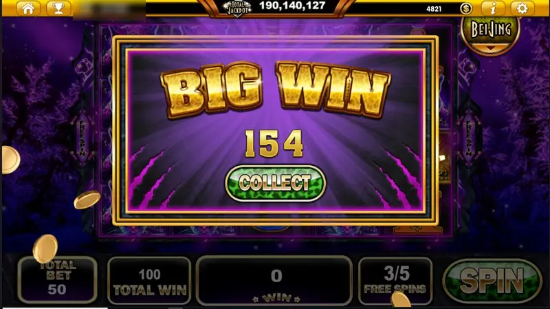 BIG WIN banner showing 154 with a Collect button, free spin counter at 3/5 and total win 100 below