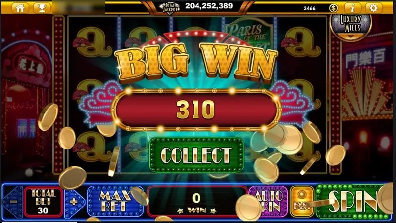 BIG WIN banner showing 310 with a green Collect button and gold coins spilling over the bet panel