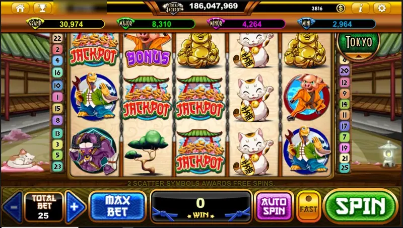 Pig Fury idle screen with JACKPOT and BONUS symbols, a golden Buddha and a lucky cat, total bet 25