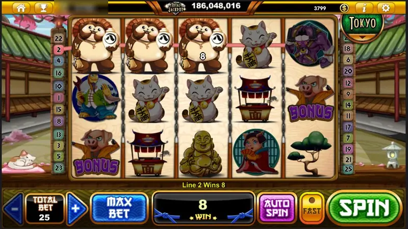 Three tanuki on the top row paying 8 on line 2, with lucky cats and a Buddha below