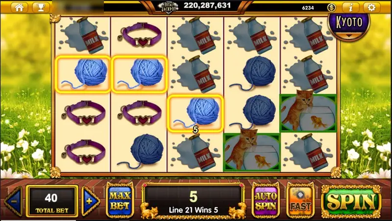 Three yarn symbols highlighted in yellow frames for a win of 5 on line 21, with a kitten and goldfish bowl symbol on reel five