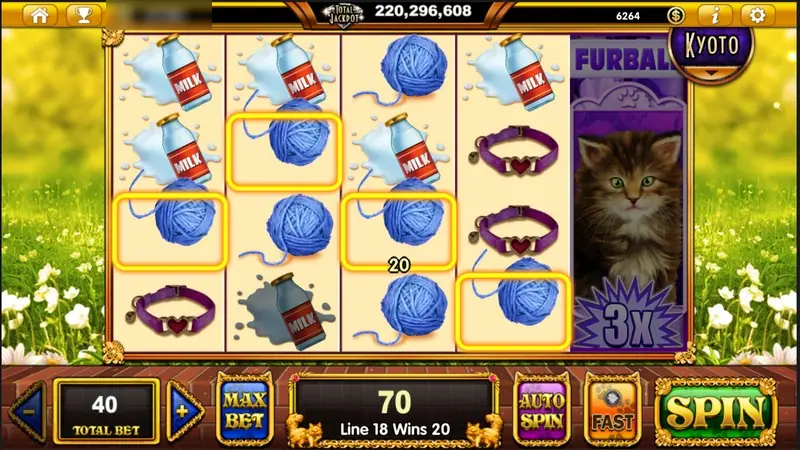 Furball kitten on reel five with a 3X badge while yarn and milk symbols pay 70 across several lines