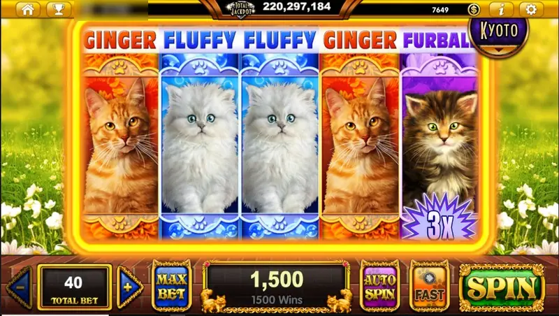 Pop Kitten reels filled with full-height kitten symbols labelled Ginger, Fluffy, Fluffy, Ginger and Furball, a 3X badge on reel five and 1,500 in the win box