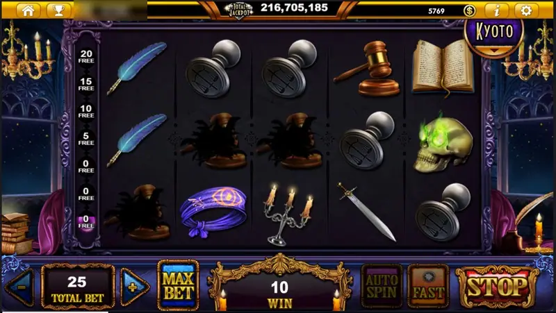 Queen Femida reels with quills, wax-seal stamps, candelabra, a green-eyed skull and open books, a free-spin ladder on the left and total bet 25