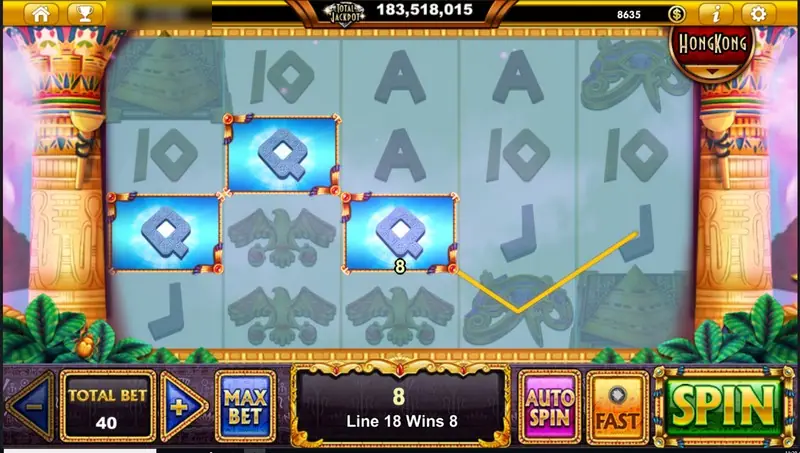 Three blue Q tiles lit up on line 18 for a win of 8 while the rest of the reels are greyed out