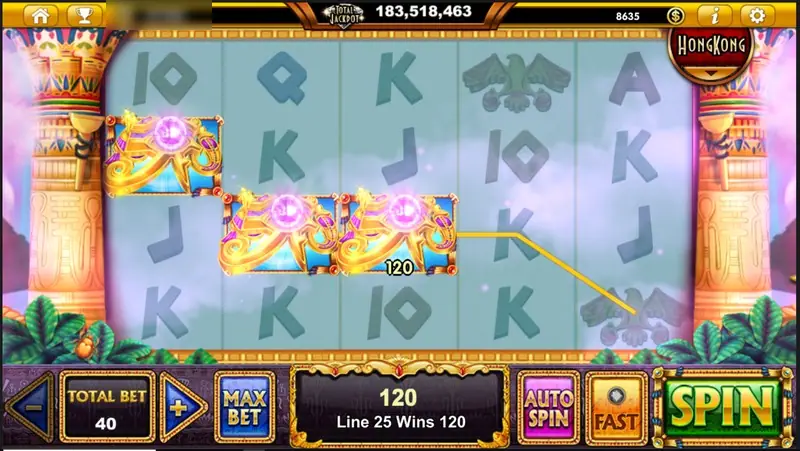 Glowing jewelled scarab symbols joined across three reels on line 25 for a win of 120