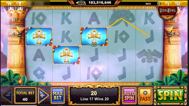 Three golden ankh symbols on blue tiles paying 20 on line 17