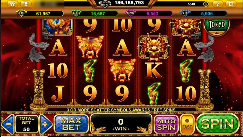 Resurrection Dragons idle screen with four jackpot bars, dragon head symbols and the message 3 or more scatter symbols awards free spins
