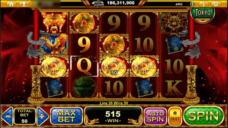 Three gold coin symbols lined up on the middle row for a total win of 515, line 26 showing wins 50