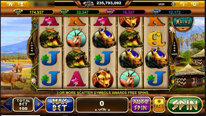 Rhino Crash reels with rhino, crocodile, cheetah and gazelle symbols, 1024 WAYS on both sides, jackpot bars on top and huts on the right