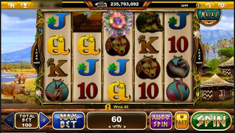 Rhino Crash win of 60 with a spinning purple flower symbol on reel three and gold Q and J symbols highlighted