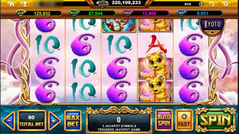 Sacred Relics idle screen with total bet 80, four jackpot bars, and a message about 3 jackpot symbols triggering the jackpot game