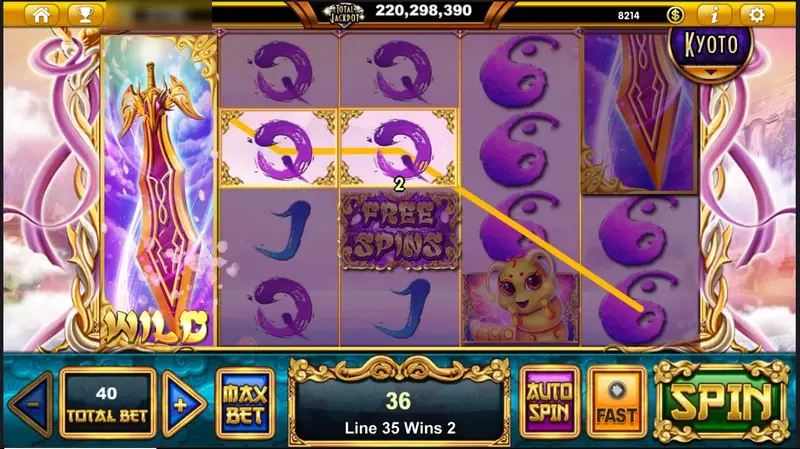 Sacred Relics win of 36 with the stacked sword WILD filling reel one and a purple FREE SPINS symbol on reel three