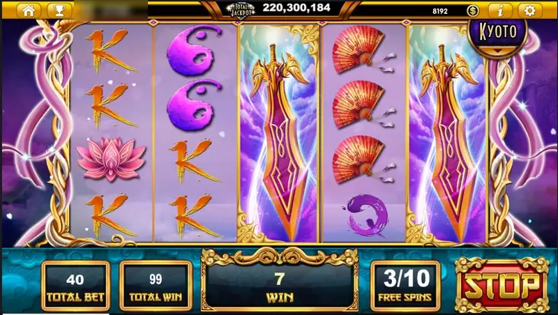 Free spin round showing 3/10 free spins, a total win of 99, and two sword wilds on reels three and five