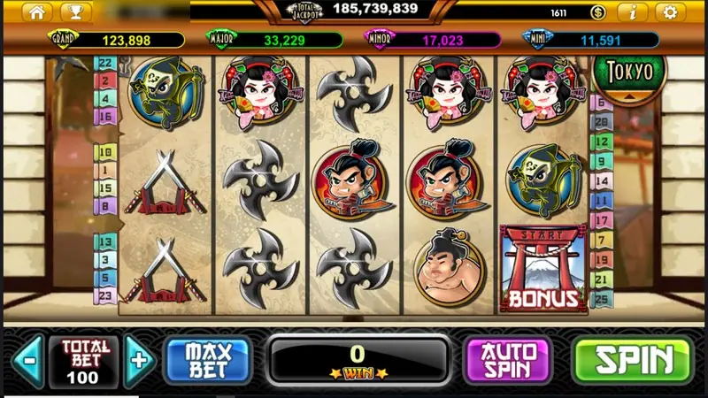 Samurai Hero idle screen at total bet 100, with shuriken, crossed swords and a red torii gate BONUS symbol on reel five