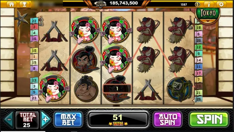 Three geisha symbols joined across the first three reels on a red line for a win of 51 at total bet 25