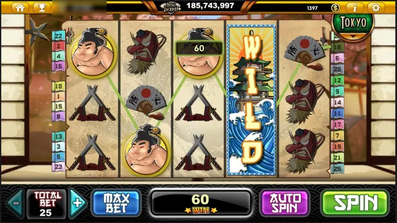A stacked blue wave WILD on reel four with sumo symbols, and a win of 60
