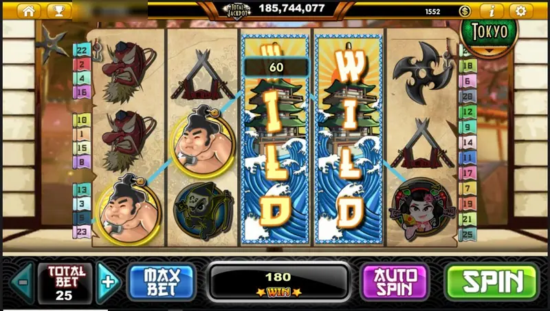 Samurai Hero with two stacked blue wave WILD reels in the middle, a sumo wrestler and ninja symbols, and a win of 180 on total bet 25