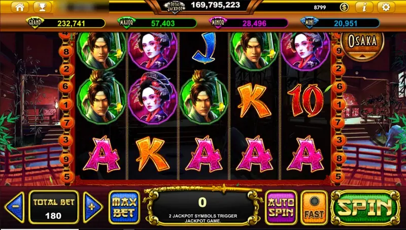 Samurai Sensei reels with green-framed samurai portraits, red-framed geisha portraits and a row of pink A symbols, total bet 180 and jackpot bars above