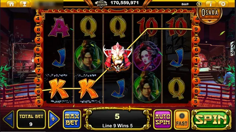 Samurai Sensei win of 5 on line 9 with two orange K symbols and a red demon-mask symbol in the centre of the reels