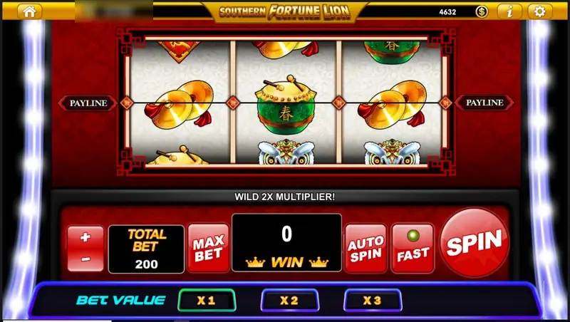 Southern Fortune Lion idle screen with cymbals and a drum on the payline, a WILD 2X MULTIPLIER message and total bet 200
