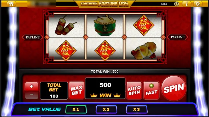 Firecrackers, a drum and red good-luck tiles on the reels with TOTAL WIN 500 at total bet 100