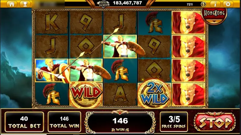 Sparta Legacy free spins at 3/5 with a stacked red Spartan reel on the right, a 2x WILD coin and total win 146
