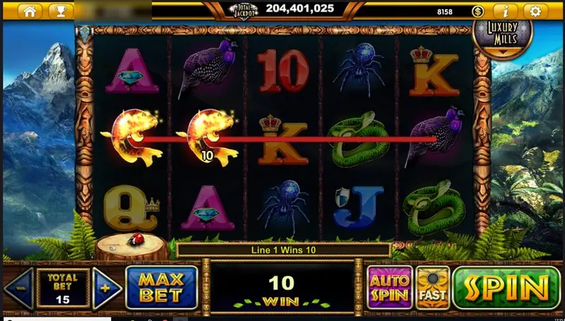 A pair of orange koi paying on line 1 for a win of 10, with a red line across the top row