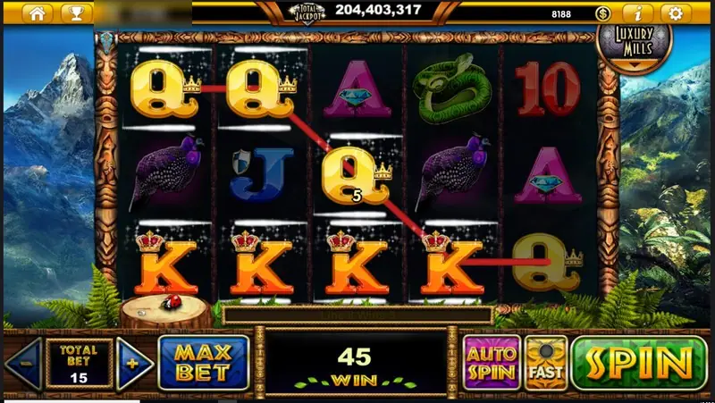 Four orange K symbols and two gold Q symbols linked by red lines for a total of 45