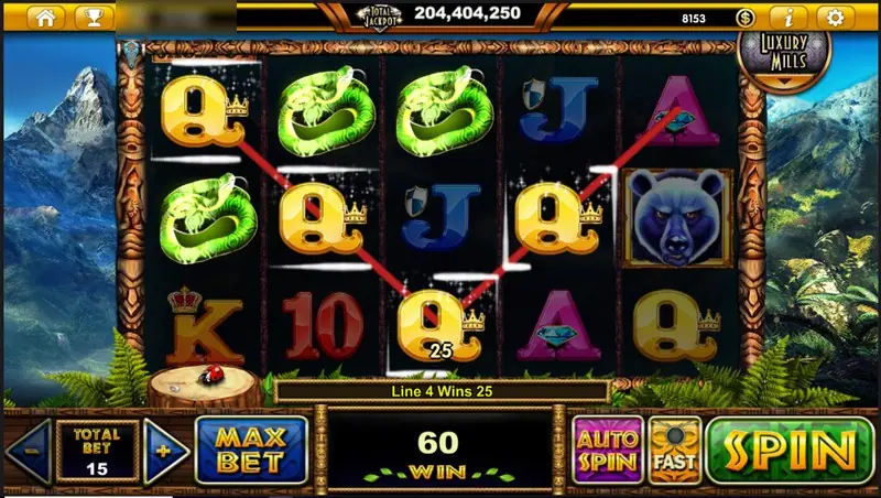 Gold Q symbols and green snakes joined by red lines for a win of 60, the blue bear on reel five