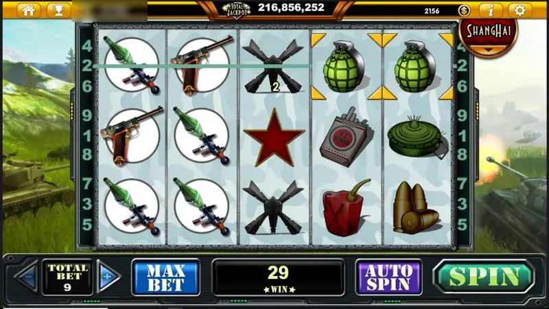 Tank Attack at total bet 9 with rocket launchers, a red star and grenades on the reels, a win of 29