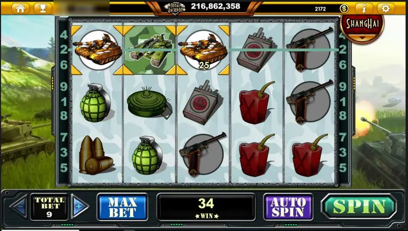 Tank Attack win of 34 with a desert tank symbol highlighted on the top row