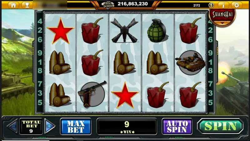Red stars, jerrycans and bullet symbols on the reels with a win of 9