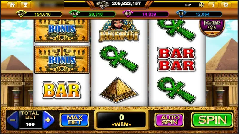 The Lost Gems 3x3 reels with two BONUS tiles, a JACKPOT portrait, BAR and BAR BAR symbols, green ankhs and a gold pyramid, desert pyramids behind