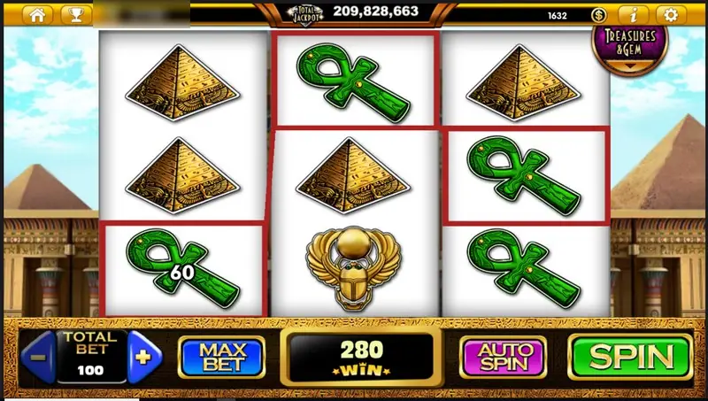The Lost Gems win of 280, with green ankh symbols framed in red on all three reels, with pyramids and a gold scarab in between