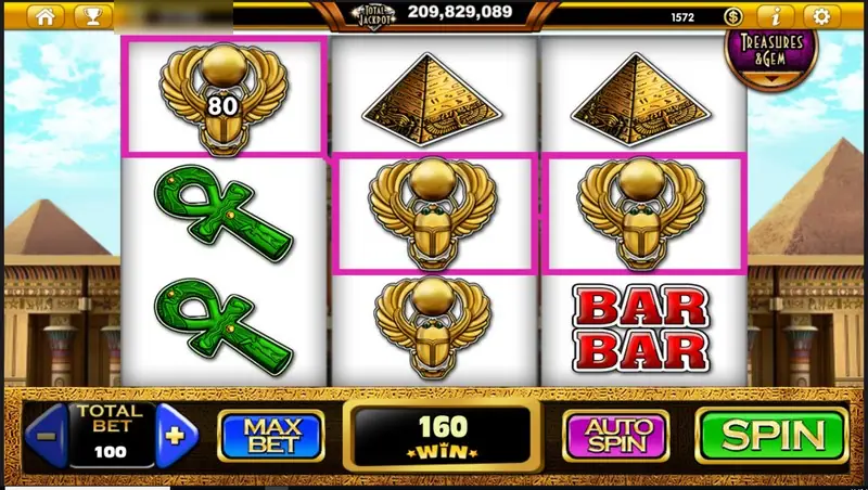 Gold scarabs framed in pink across the middle and right reels for a win of 160