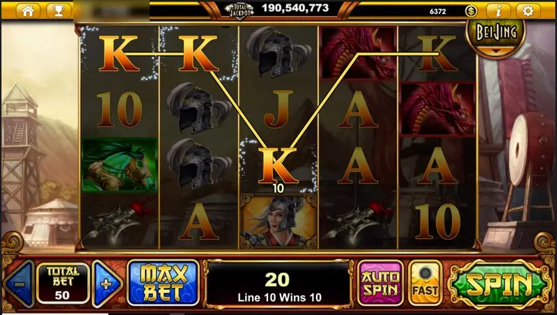 The Mulan win of 20 on line 10, with a gold K joined across three reels by a thin line