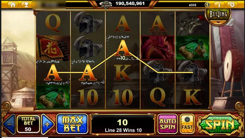 Three gold A symbols joined on line 28 for a win of 10