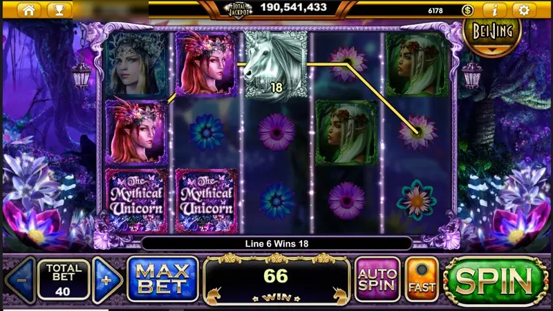 The Mythical Unicorn win of 66, with the unicorn and fairy symbols joined on line 6