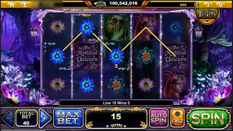 Blue glowing flowers joined by a yellow zig-zag line on line 10 for a total win of 15