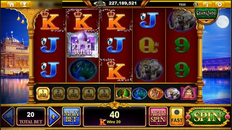 Taj Mahal WILD tile on reel two with a line of orange K symbols for a win of 40