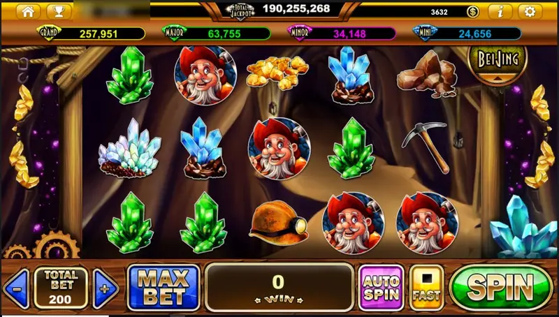 Treasure Varna base game at total bet 200 with green, blue and white crystals, prospector portraits, nuggets, a hard hat and a pickaxe