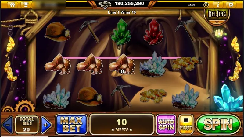 Three brown rock and nugget symbols joined by a pink line for a win of 10 at total bet 20