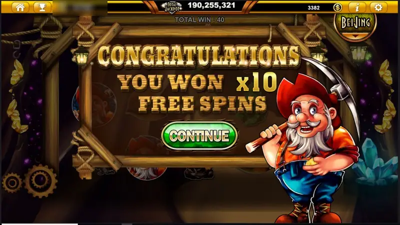 Treasure Varna bonus screen reading Congratulations you won x10 free spins with a Continue button, and a bearded prospector with a pickaxe on the right