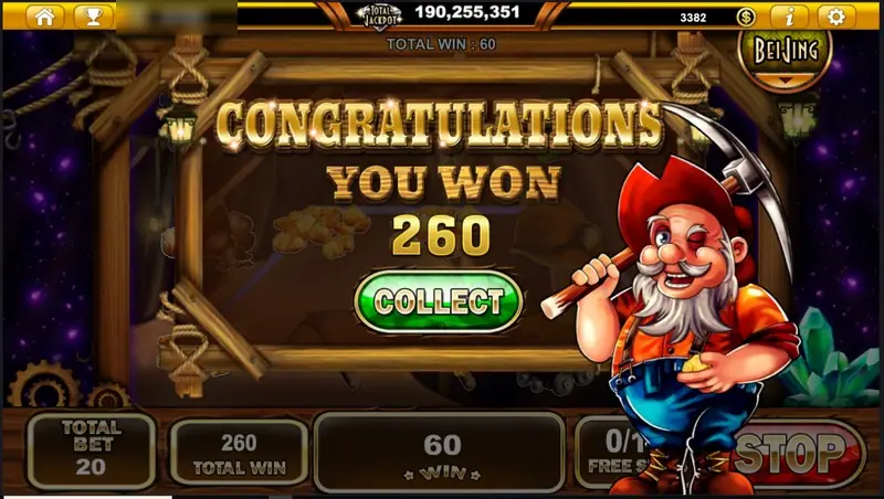 End of free spins board reading Congratulations you won 260 with a Collect button and the prospector on the right