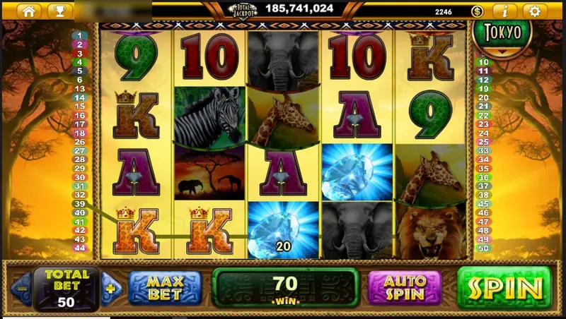 Wilds of Africa win of 70 with two leopard-print K symbols and a blue diamond on reel three, total bet 50